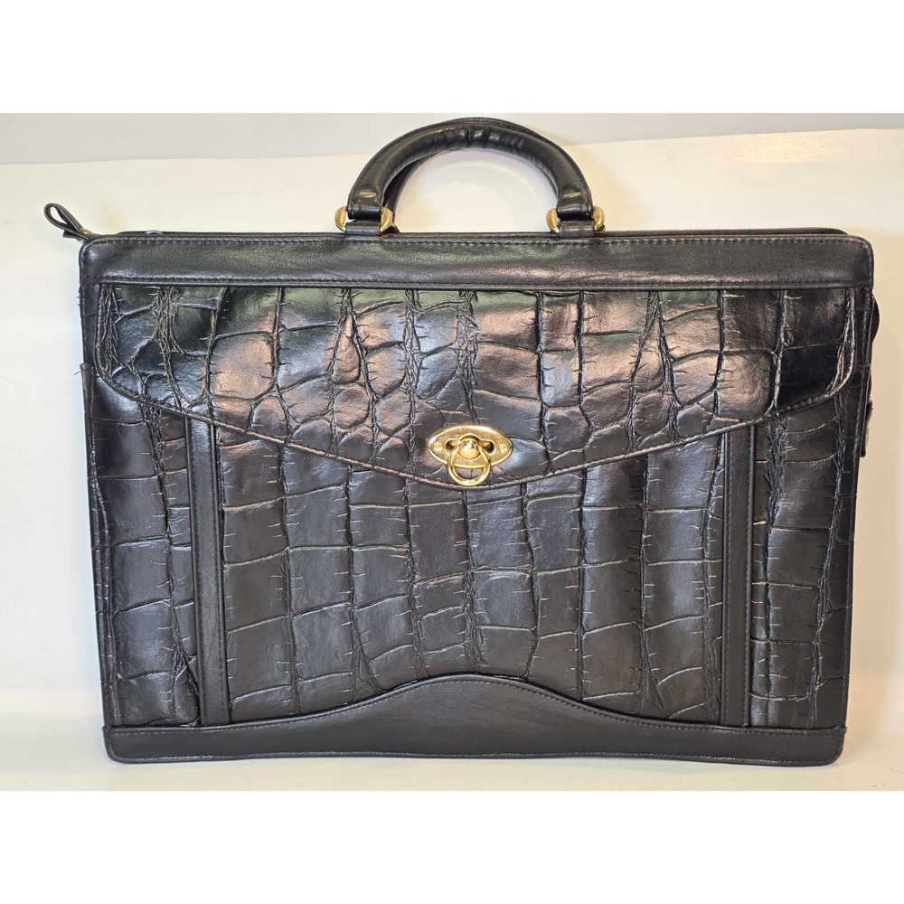 Jackson Crocodile Embossed Black Leather Briefcase Classic‎ Bag Gold Tone Unisex
